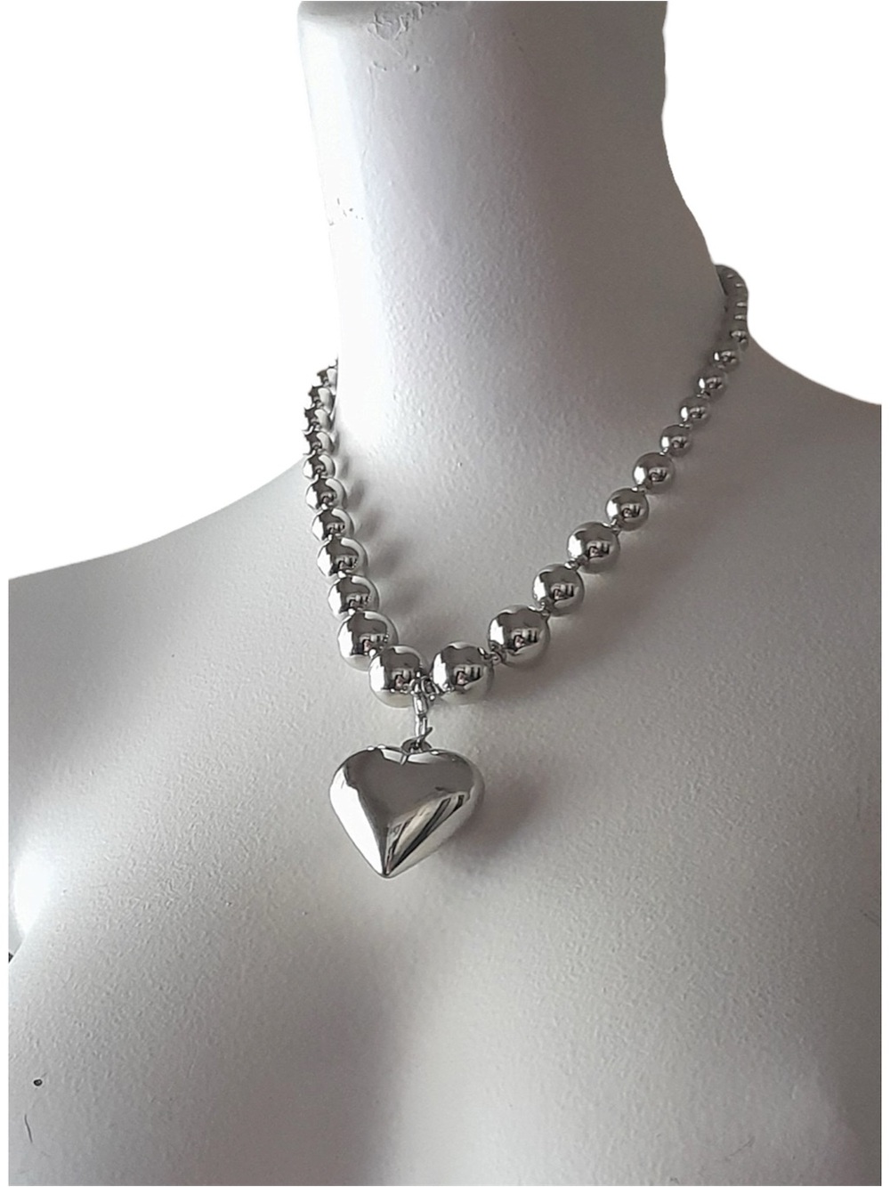 Chunky Y2K Silver Bead Choker Necklace Puffy Bubble Heart Pendant 2in1